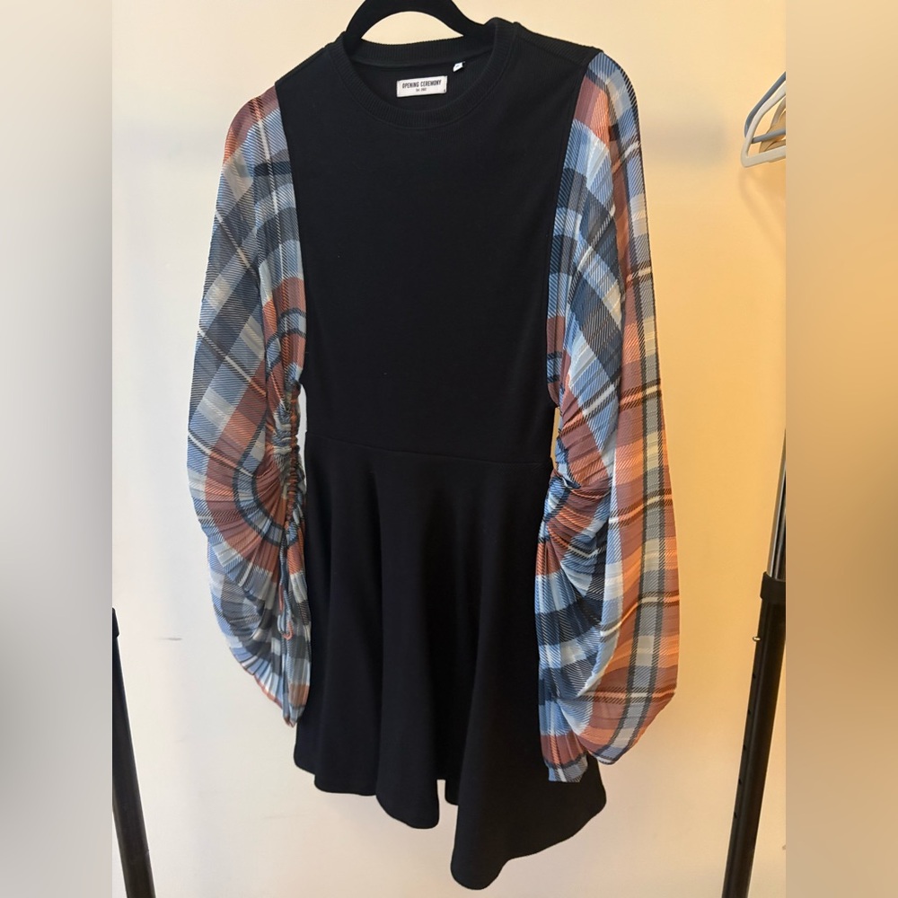 Opening Ceremony Black Dress with Plaid Sleeves